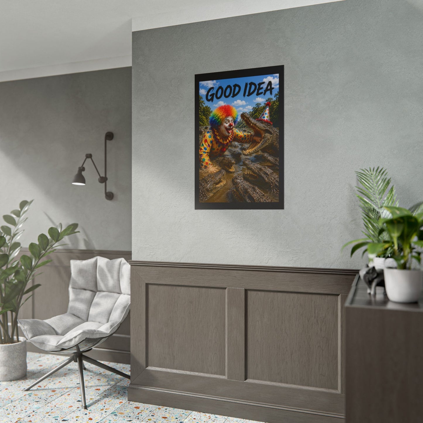 Clown & Crocodile 'Good Idea' Poster - Funny Surreal Wall Art
