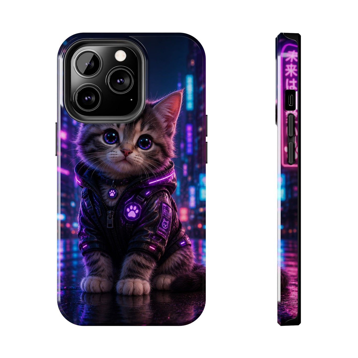 Cyberpunk Kitten Tough Phone Case — Neon Cat Protective Phone Cover