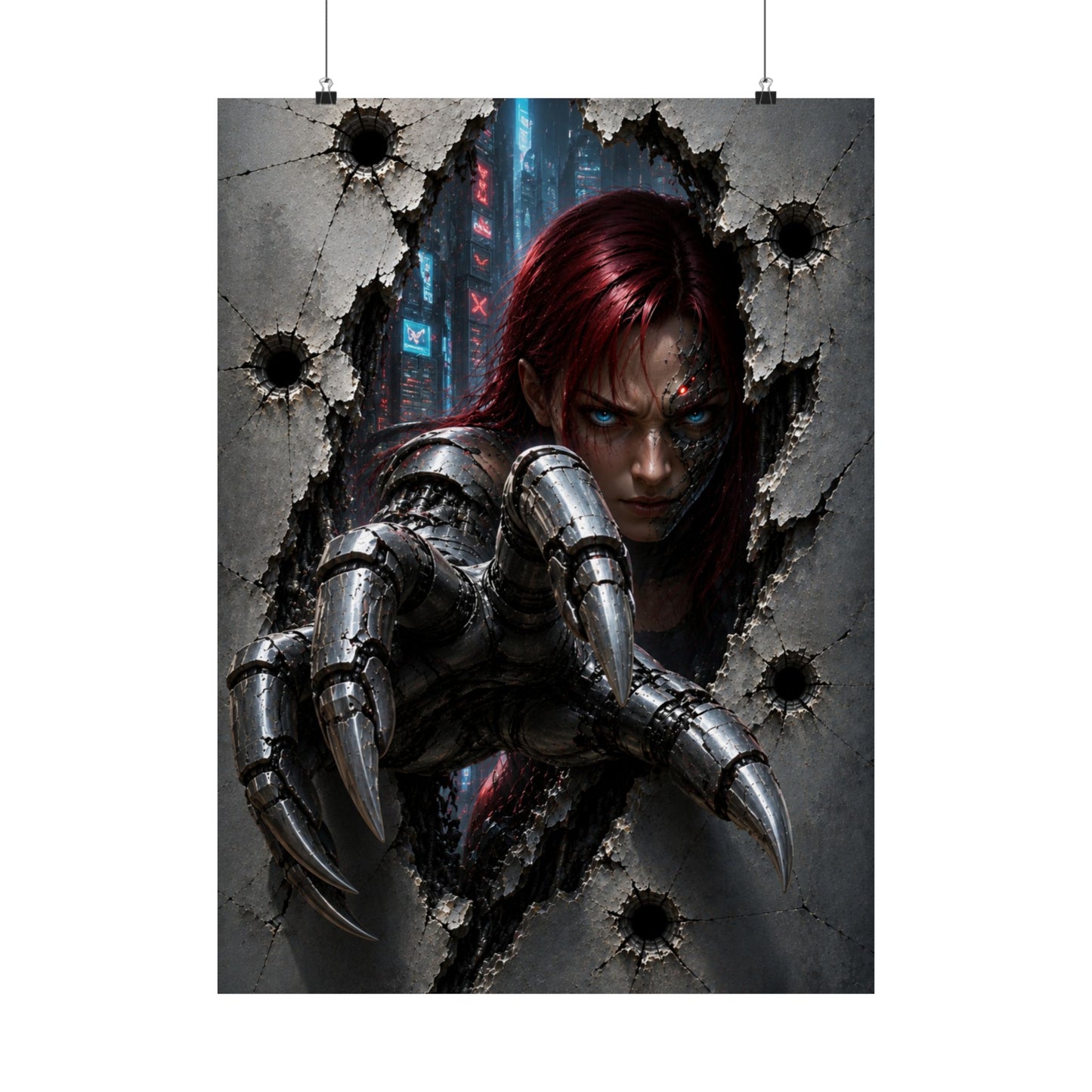 Cyberpunk Assassin Matte Poster — Red-Haired Cyborg Claw Wall Art