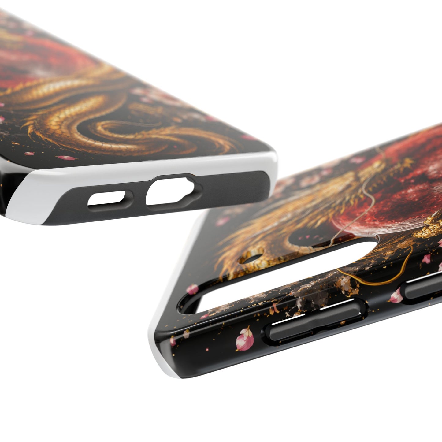 Golden Dragon Moon Tough Phone Case — Cherry Blossoms & Red Moon Protective Cover