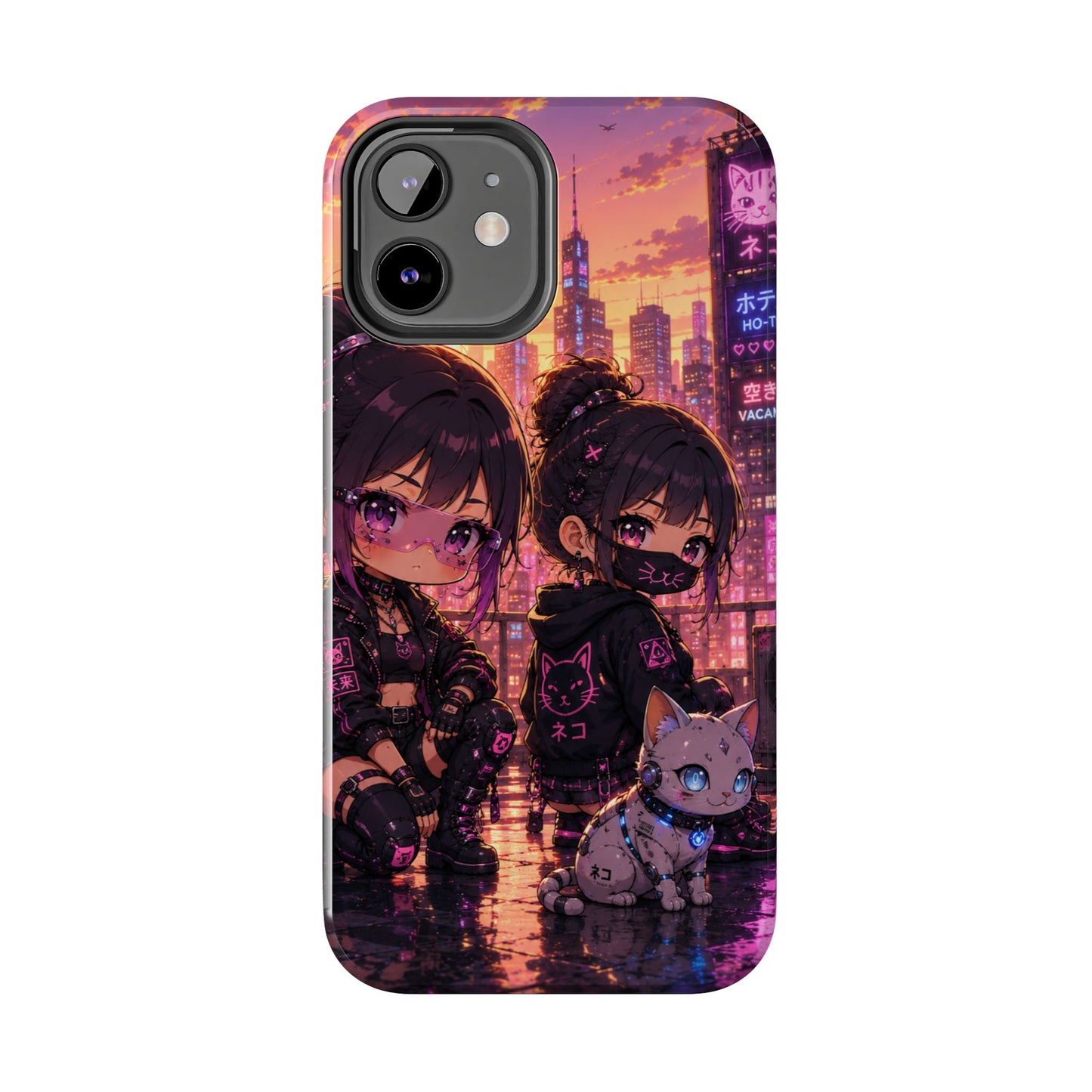 Anime City Night Tough Phone Case — Kawaii Cyberpunk Characters & Cat