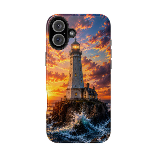 Lighthouse Sunset Tough Phone Case — Durable Coastal Ocean Wave Protection