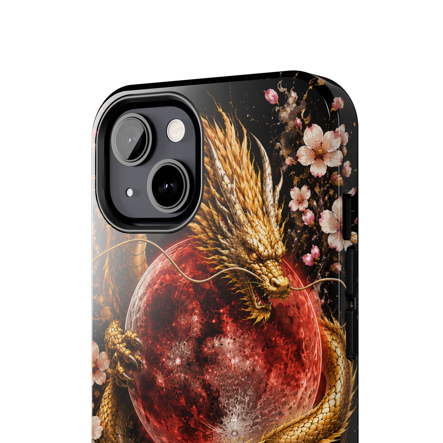Golden Dragon Moon Tough Phone Case — Cherry Blossoms & Red Moon Protective Cover