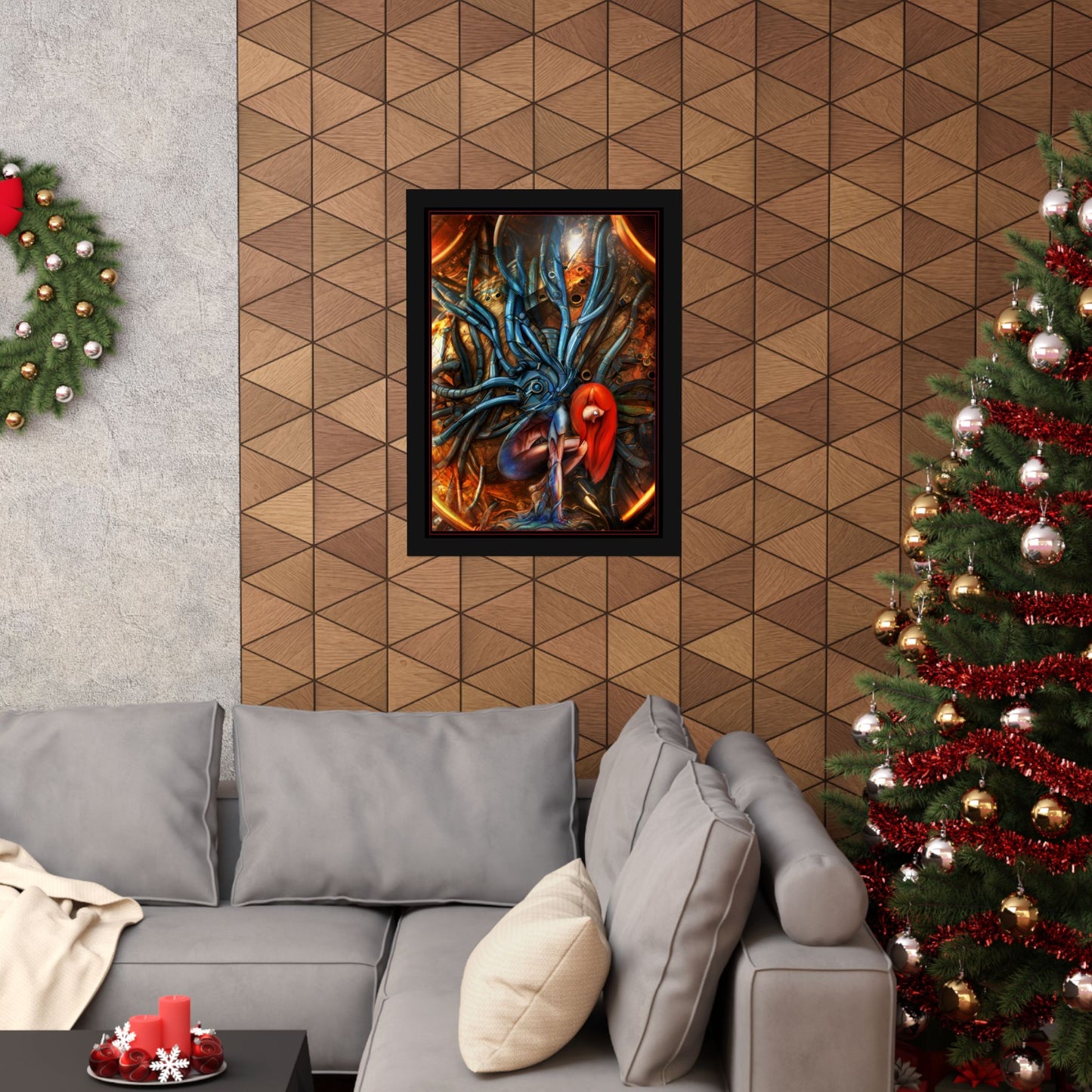 Sci‑Fi Surreal Poster — Red‑Haired Cyborg & Mechanical Kraken Matte Vertical Art