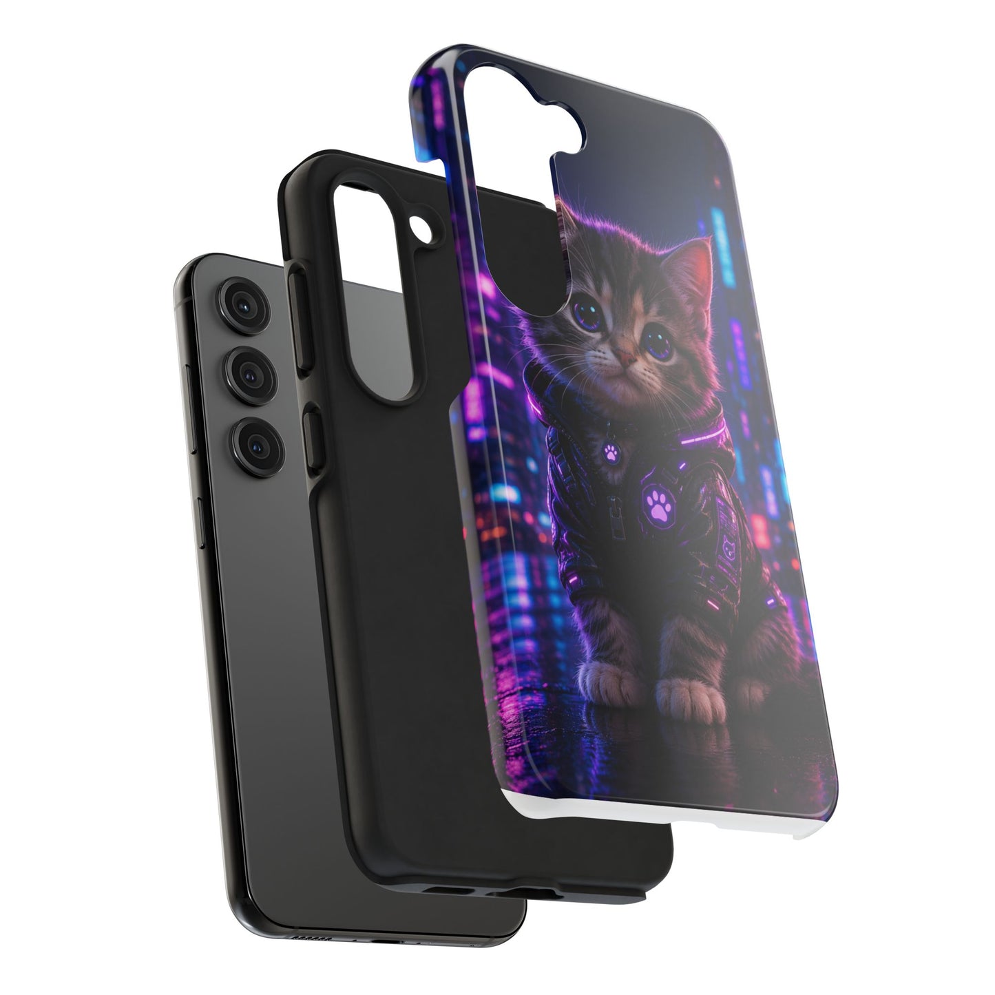 Cyberpunk Kitten Tough Phone Case — Neon Cat Protective Phone Cover