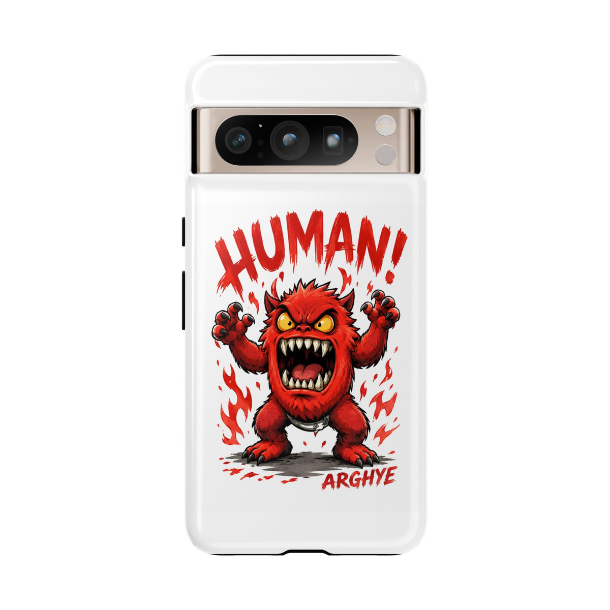 Angry Monster "HUMAN!" Phone Case — Cute Fiery Creature iPhone Cover