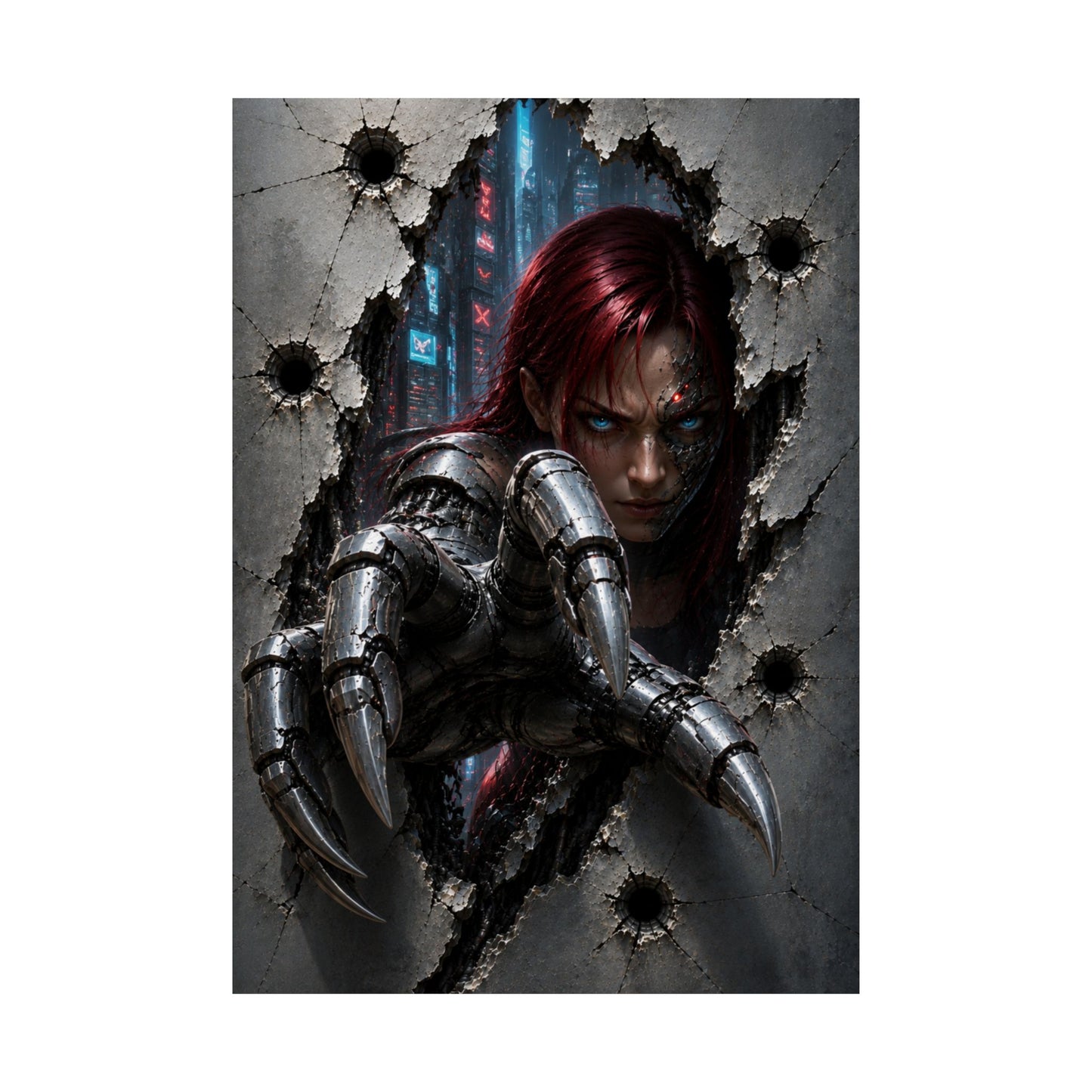 Cyberpunk Assassin Matte Poster — Red-Haired Cyborg Claw Wall Art