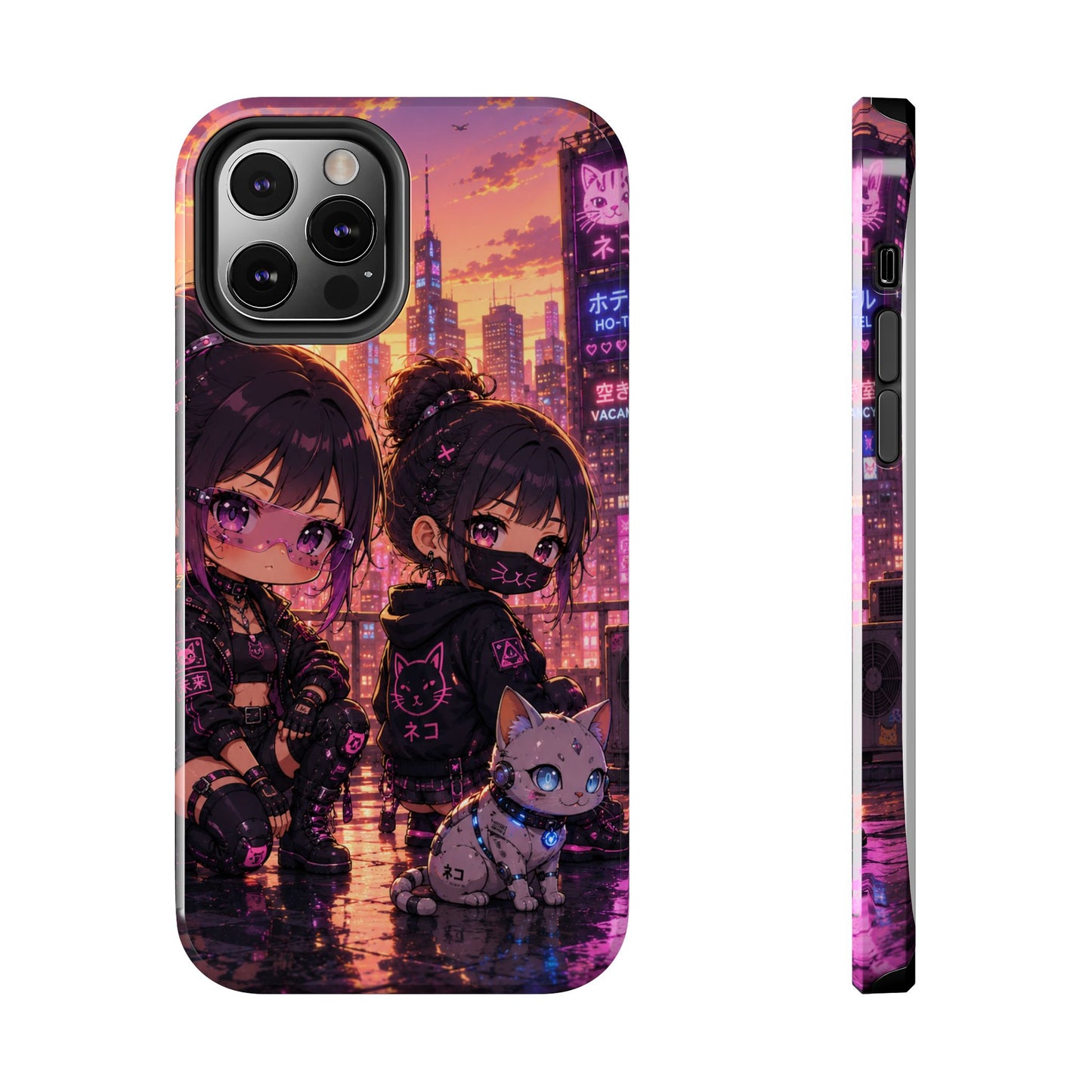 Anime City Night Tough Phone Case — Kawaii Cyberpunk Characters & Cat