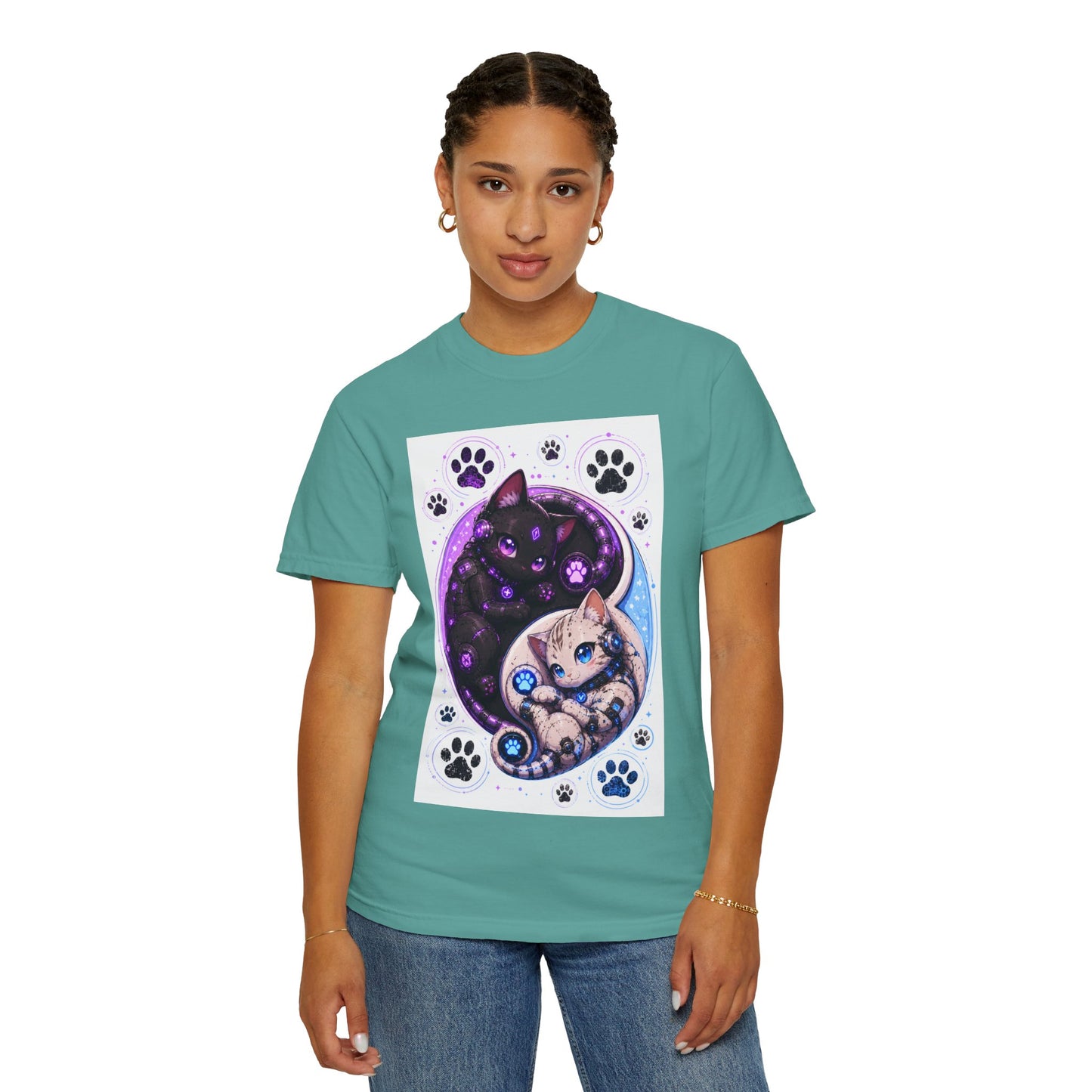 Yin Yang Cat T-Shirt — Cosmic Black & White Kittens Paw Print Tee