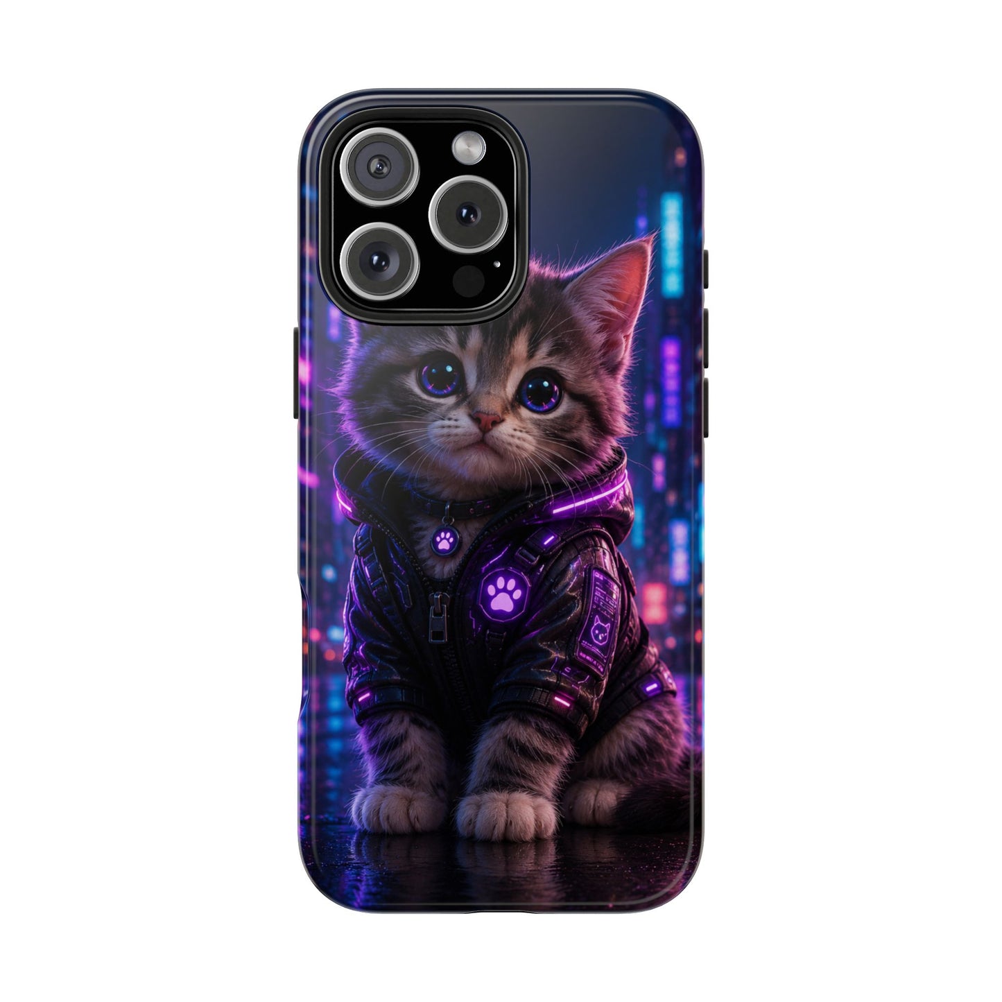 Cyberpunk Kitten Tough Phone Case — Neon Cat Protective Phone Cover