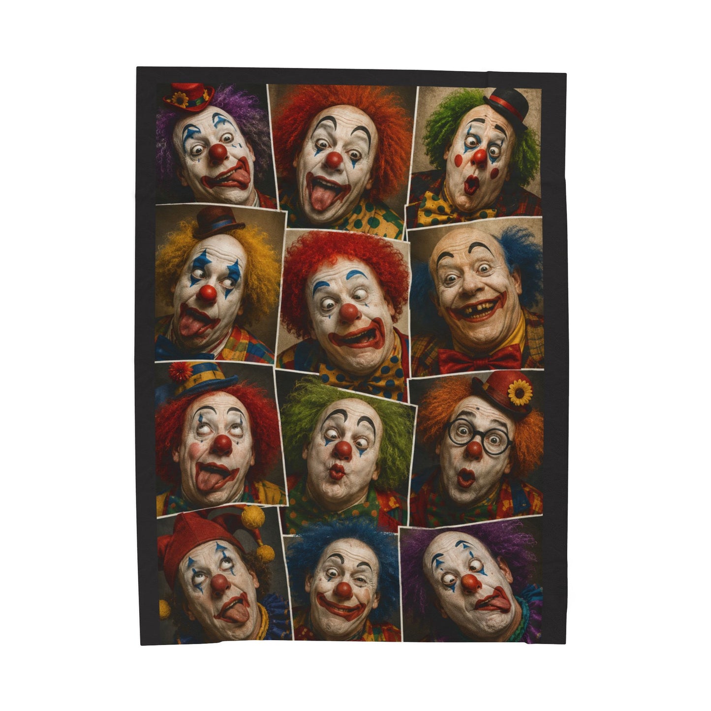 Clown Collage Velveteen Plush Blanket — Vintage Circus Faces Throw
