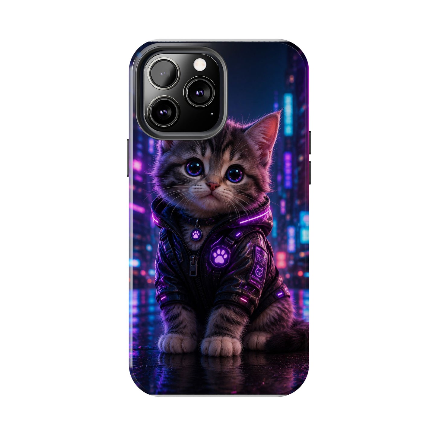 Cyberpunk Kitten Tough Phone Case — Neon Cat Protective Phone Cover
