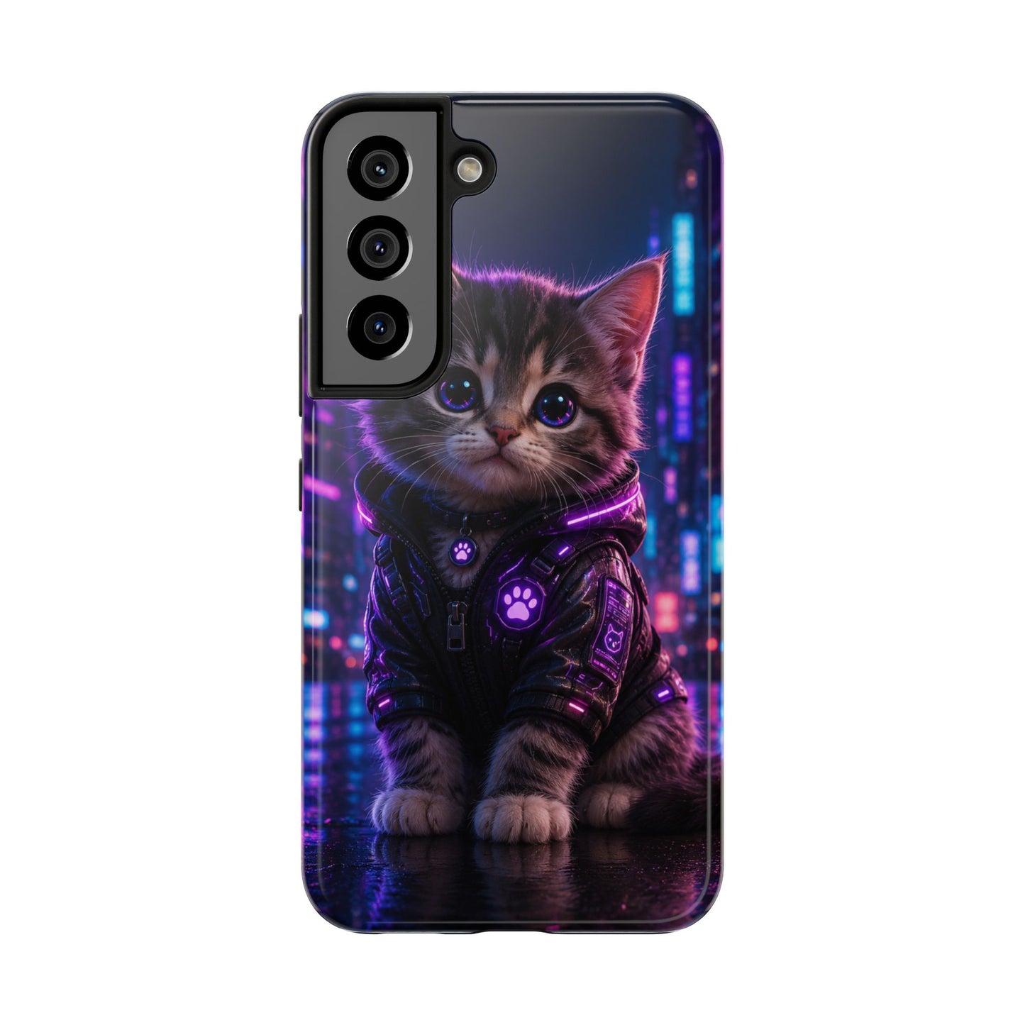 Cyberpunk Kitten Tough Phone Case — Neon Cat Protective Phone Cover