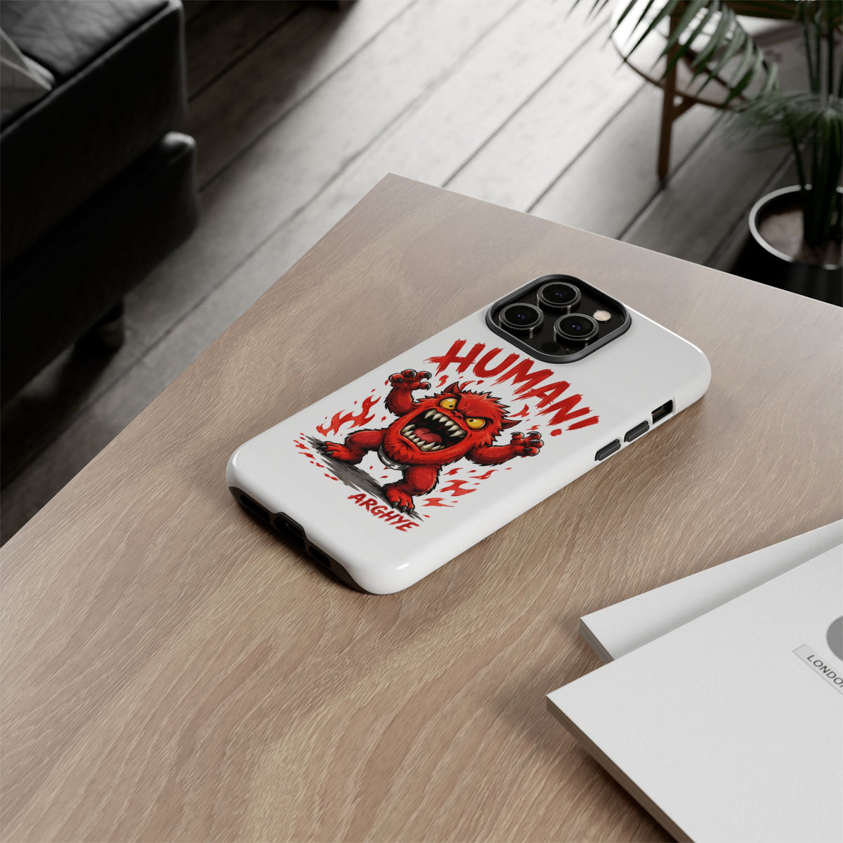 Angry Monster "HUMAN!" Phone Case — Cute Fiery Creature iPhone Cover