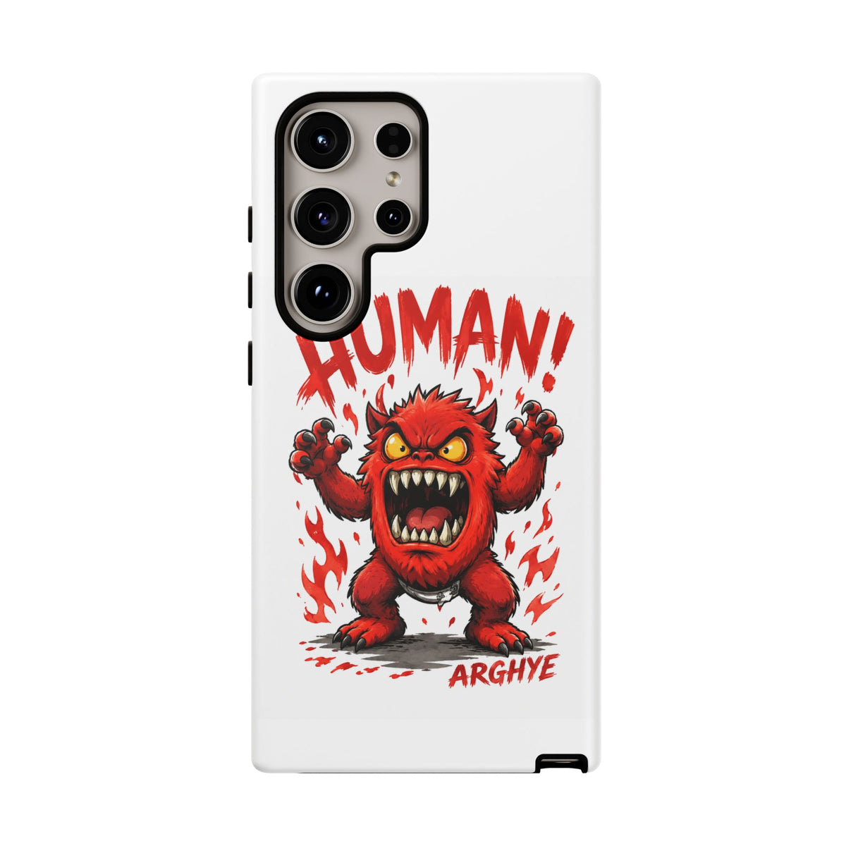 Angry Monster "HUMAN!" Phone Case — Cute Fiery Creature iPhone Cover