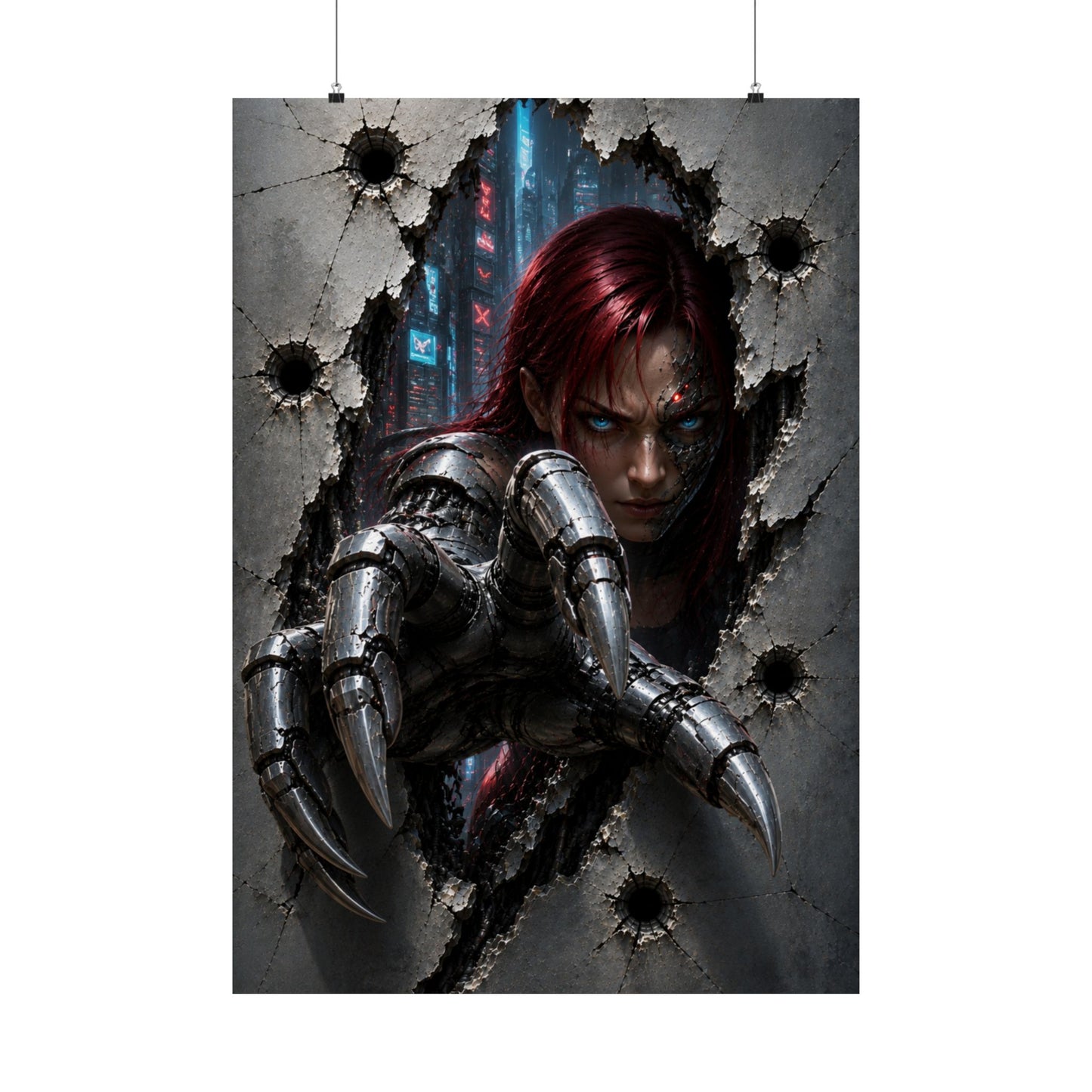 Cyberpunk Assassin Matte Poster — Red-Haired Cyborg Claw Wall Art