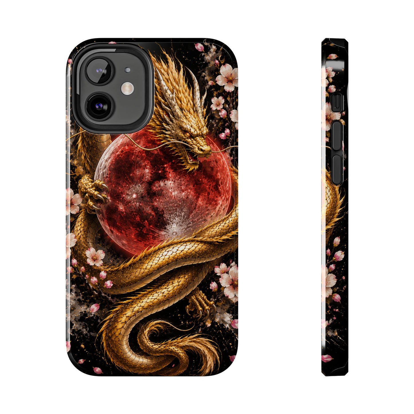 Golden Dragon Moon Tough Phone Case — Cherry Blossoms & Red Moon Protective Cover