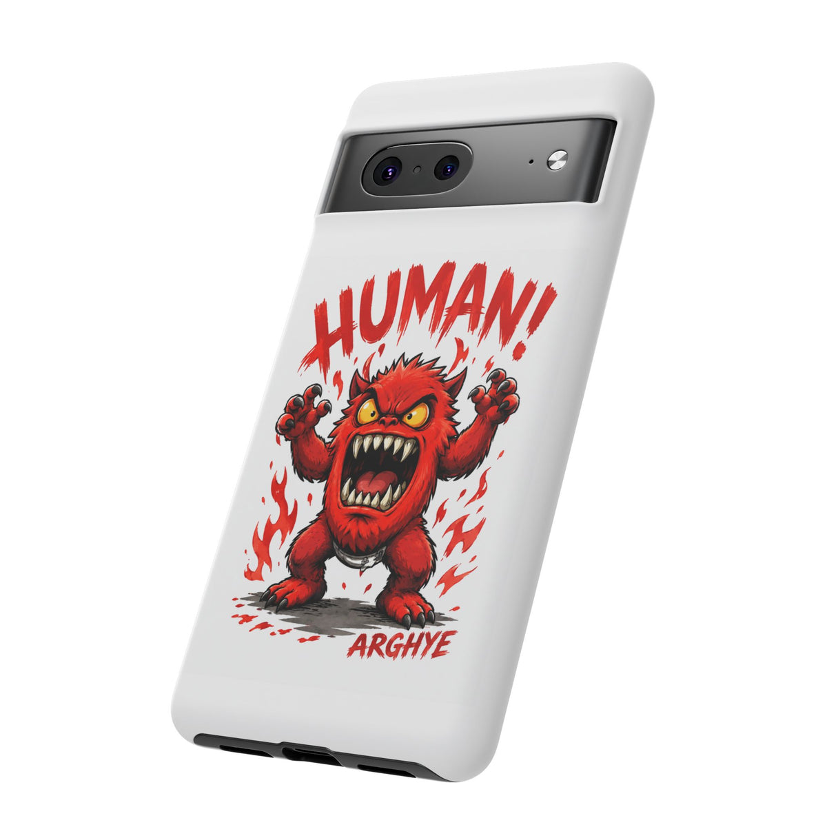Angry Monster "HUMAN!" Phone Case — Cute Fiery Creature iPhone Cover