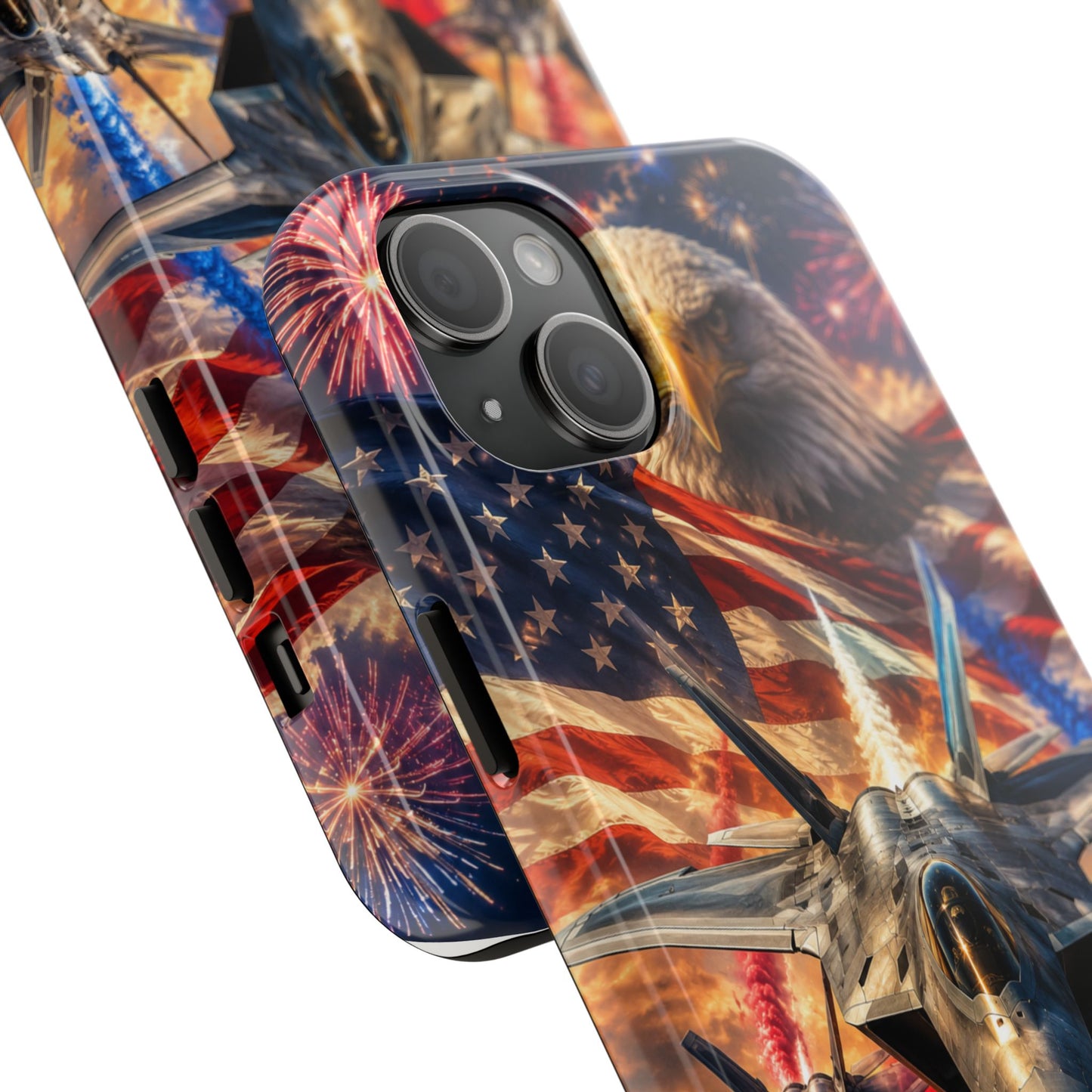 Patriotic Fighter Jet Phone Case with Eagle, American Flag & Fireworks Design