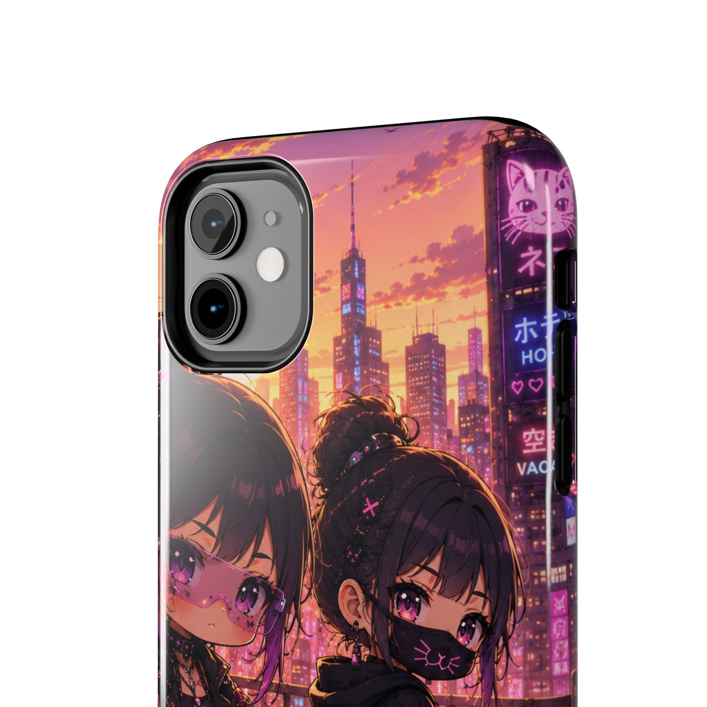 Anime City Night Tough Phone Case — Kawaii Cyberpunk Characters & Cat