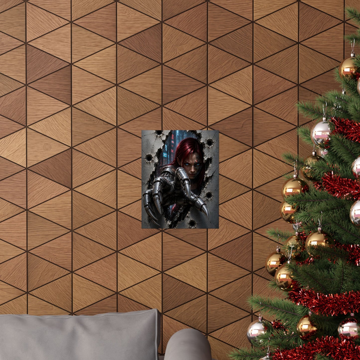 Cyberpunk Assassin Matte Poster — Red-Haired Cyborg Claw Wall Art