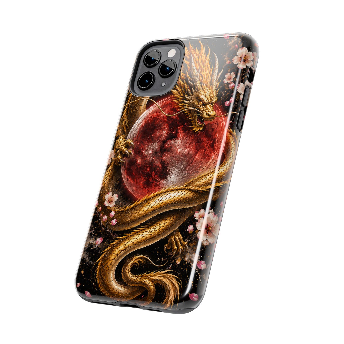 Golden Dragon Moon Tough Phone Case — Cherry Blossoms & Red Moon Protective Cover