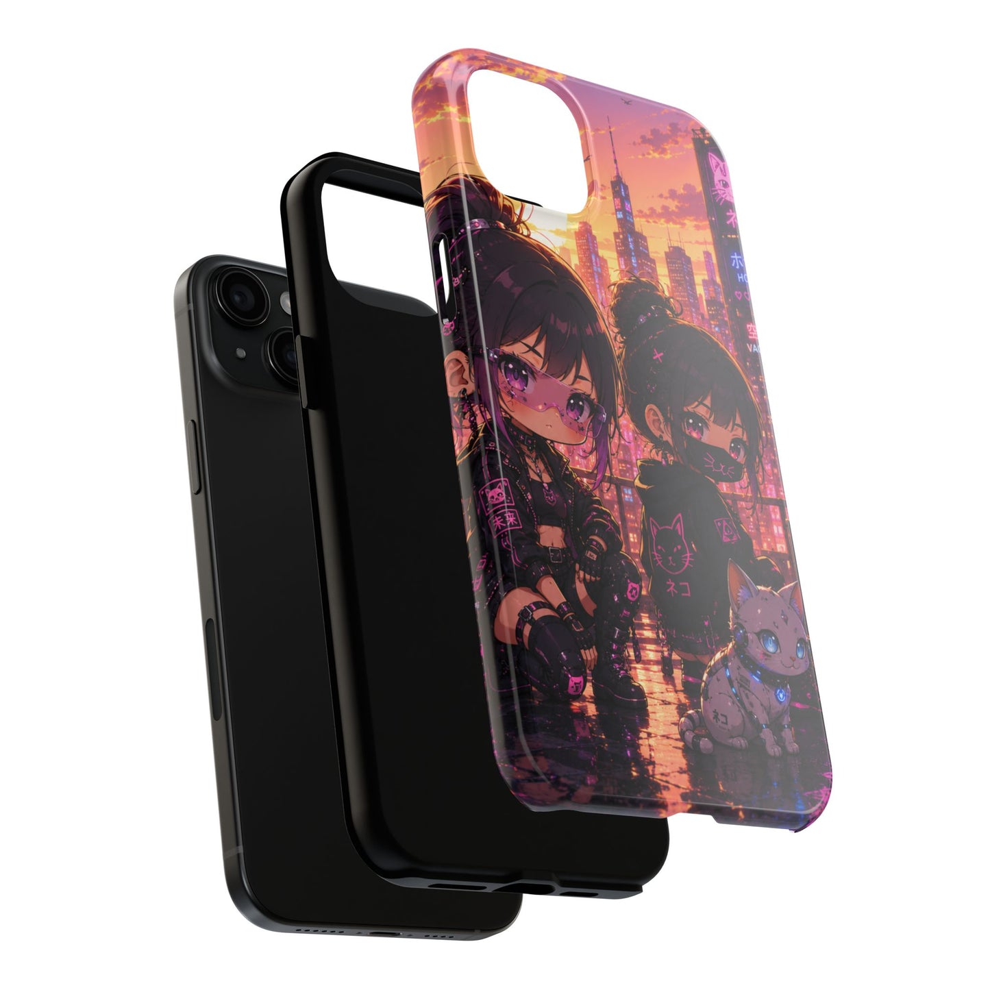 Anime City Night Tough Phone Case — Kawaii Cyberpunk Characters & Cat