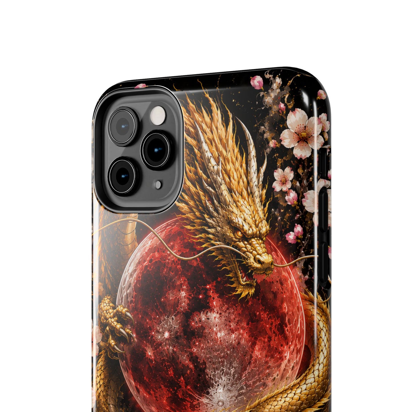 Golden Dragon Moon Tough Phone Case — Cherry Blossoms & Red Moon Protective Cover
