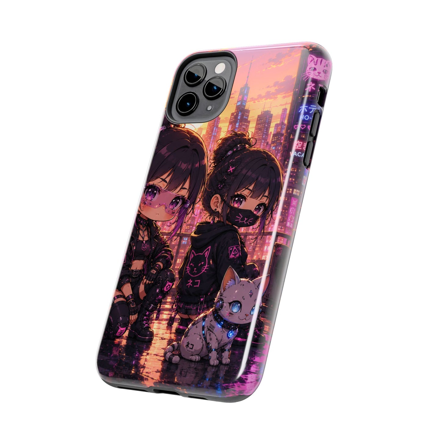 Anime City Night Tough Phone Case — Kawaii Cyberpunk Characters & Cat