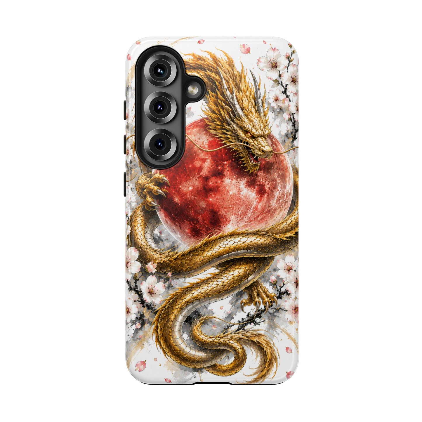 Golden Dragon Phone Case — Red Moon & Cherry Blossom Tough Phone Case