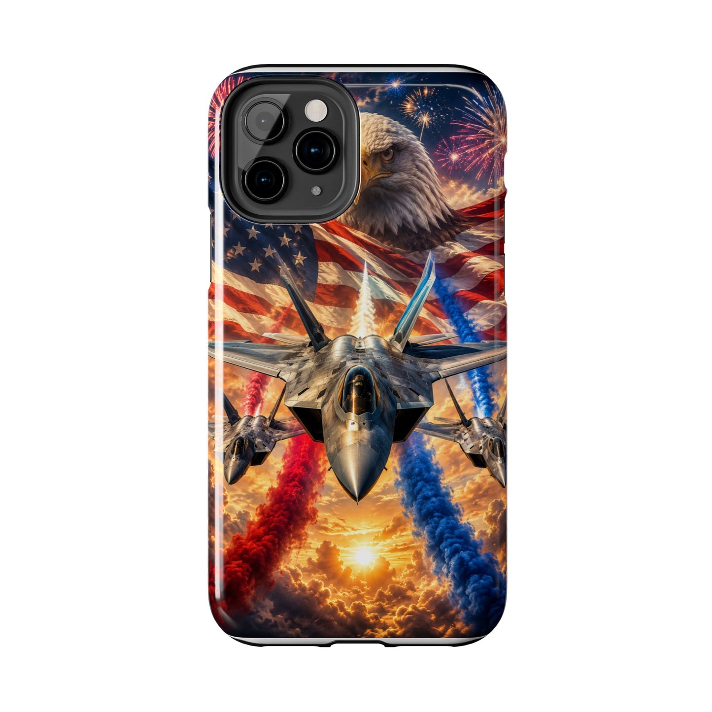 Patriotic Fighter Jet Phone Case with Eagle, American Flag & Fireworks Design