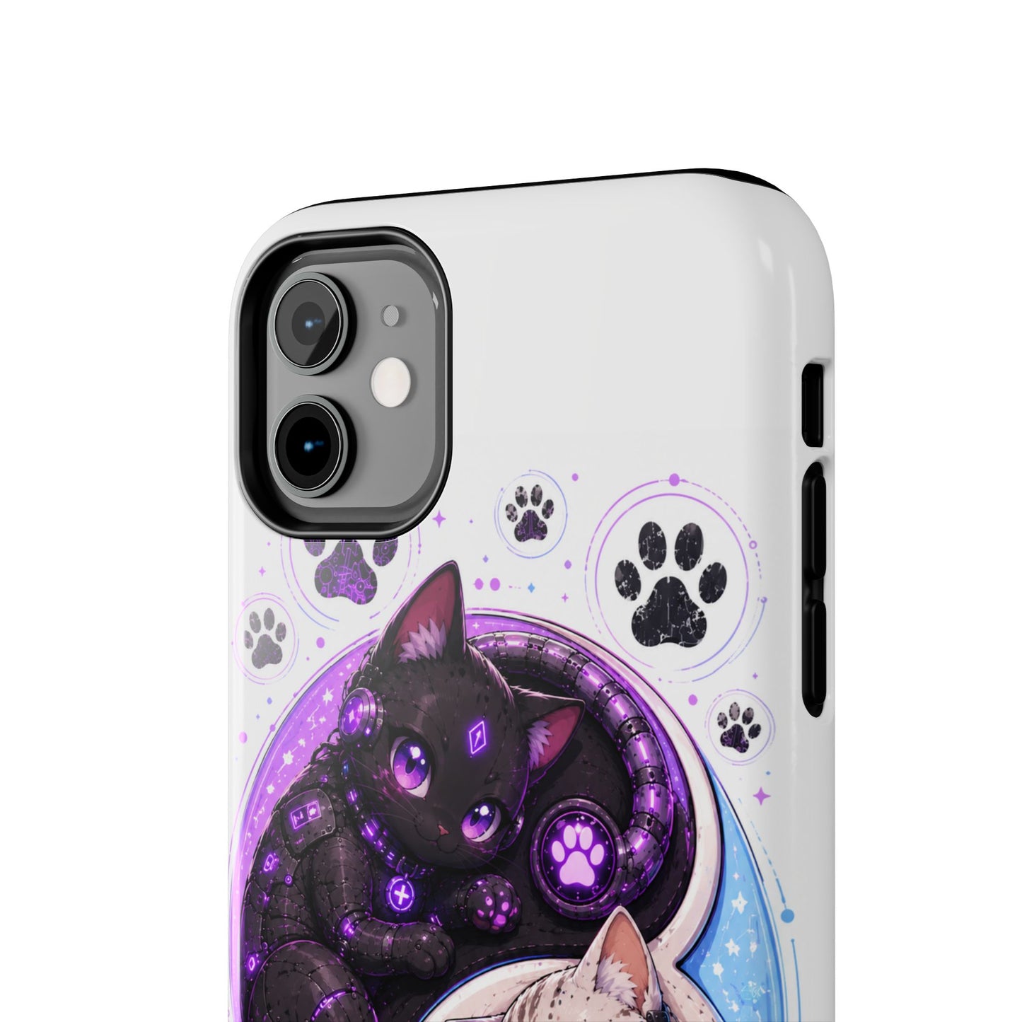 Cat Yin Yang Tough Phone Case — Black & White Kittens, Paw Print Protective Cover