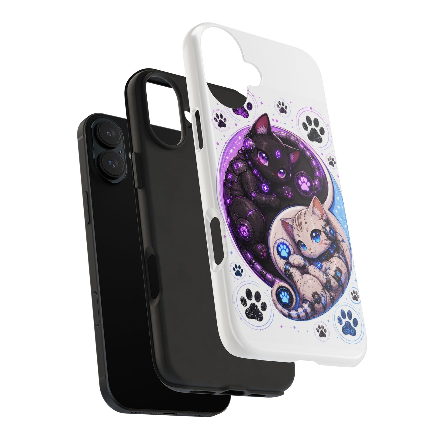 Cat Yin Yang Tough Phone Case — Black & White Kittens, Paw Print Protective Cover