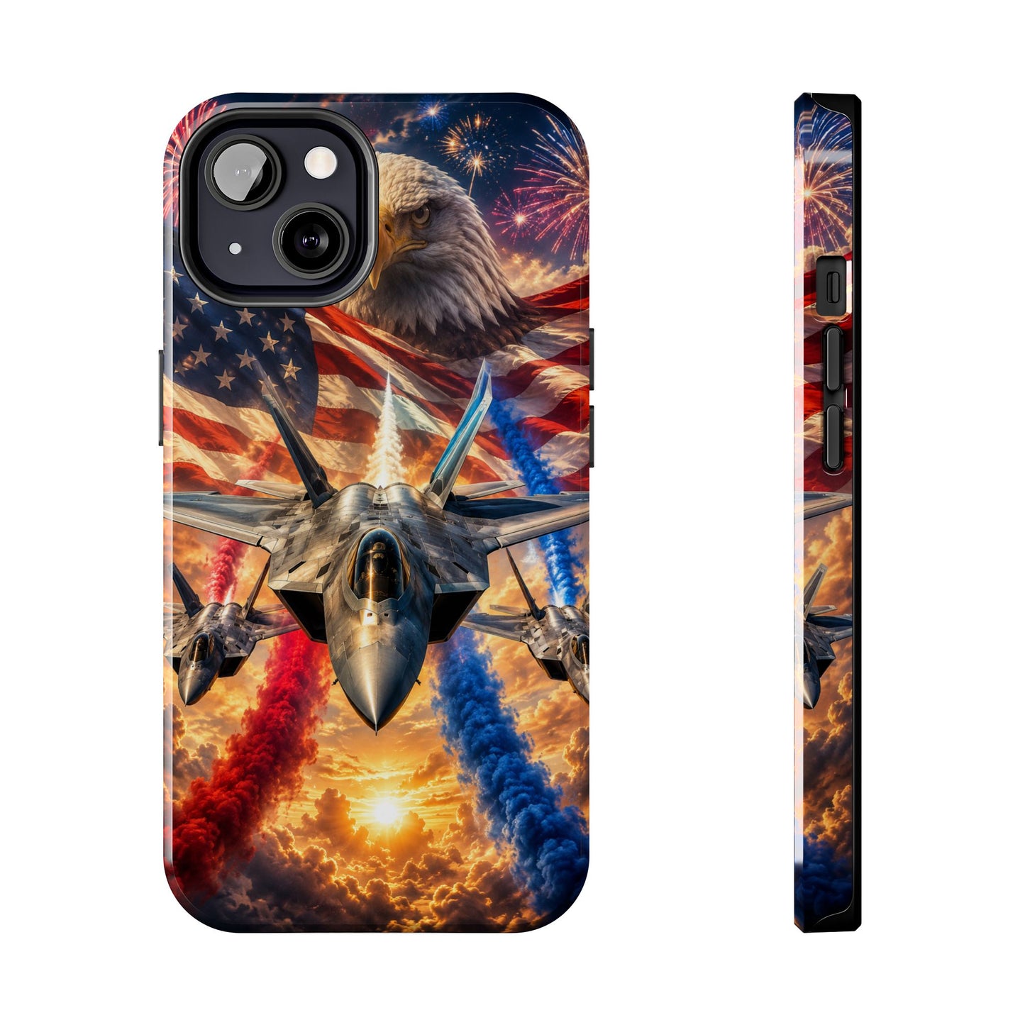 Patriotic Fighter Jet Phone Case with Eagle, American Flag & Fireworks Design