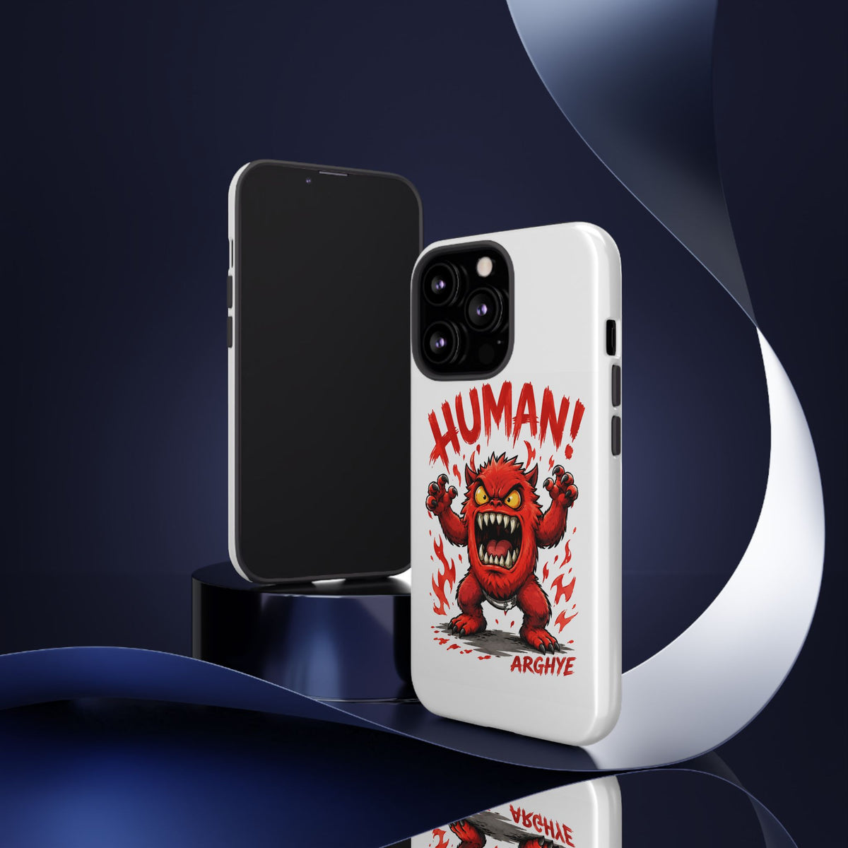Angry Monster "HUMAN!" Phone Case — Cute Fiery Creature iPhone Cover