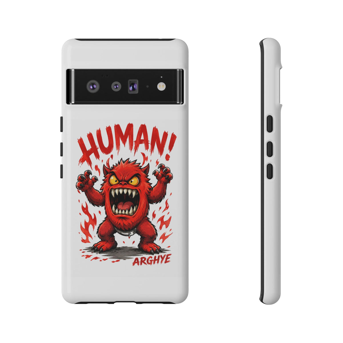 Angry Monster "HUMAN!" Phone Case — Cute Fiery Creature iPhone Cover