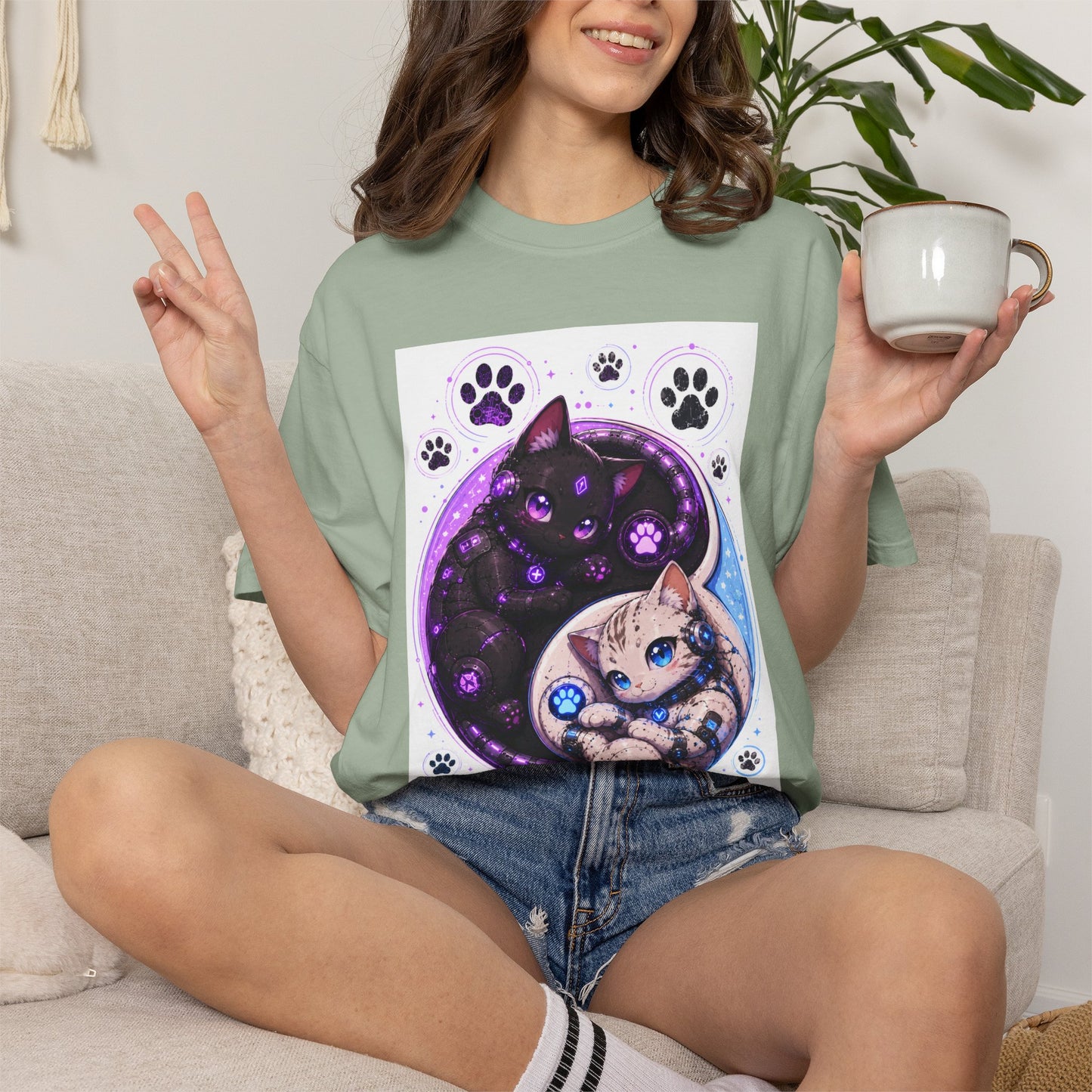 Yin Yang Cat T-Shirt — Cosmic Black & White Kittens Paw Print Tee