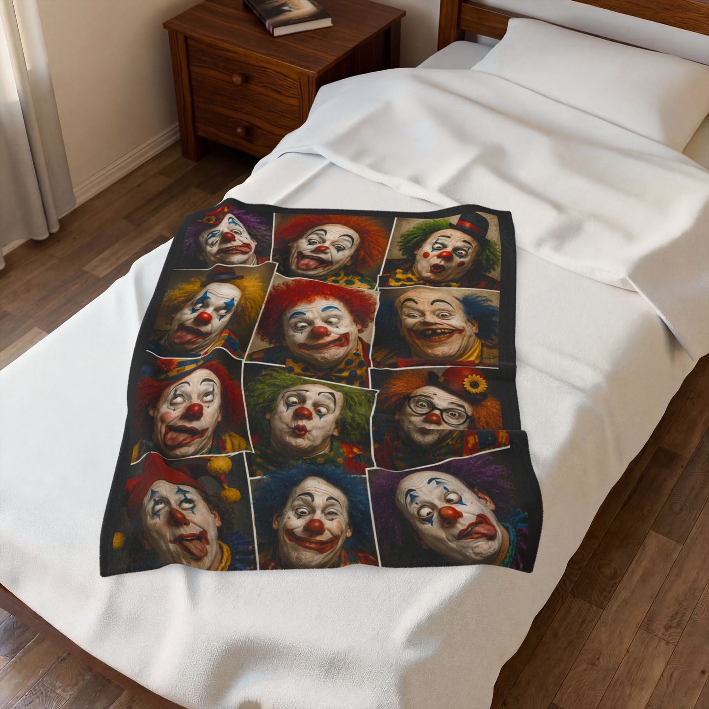 Clown Collage Velveteen Plush Blanket — Vintage Circus Faces Throw
