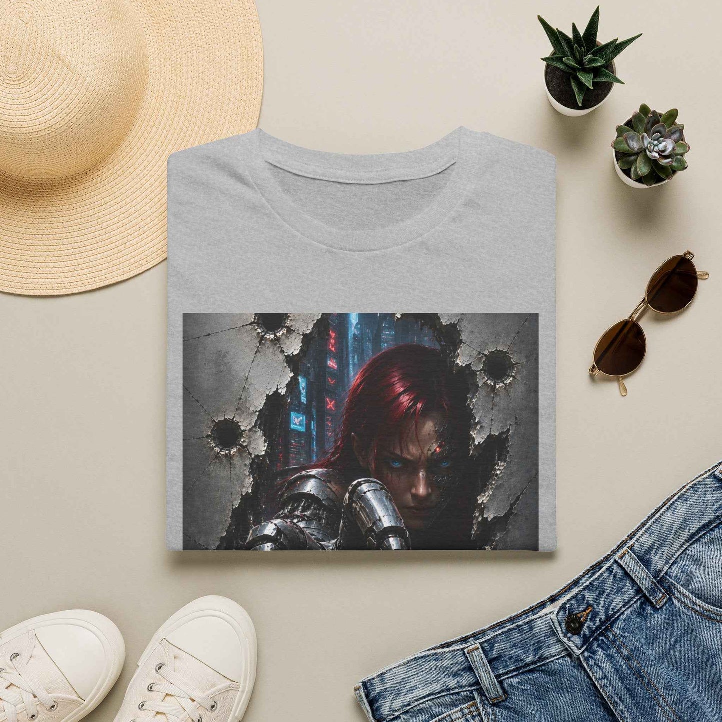 Cyberpunk Warrior Graphic T-Shirt — Red-Haired Brawler Design
