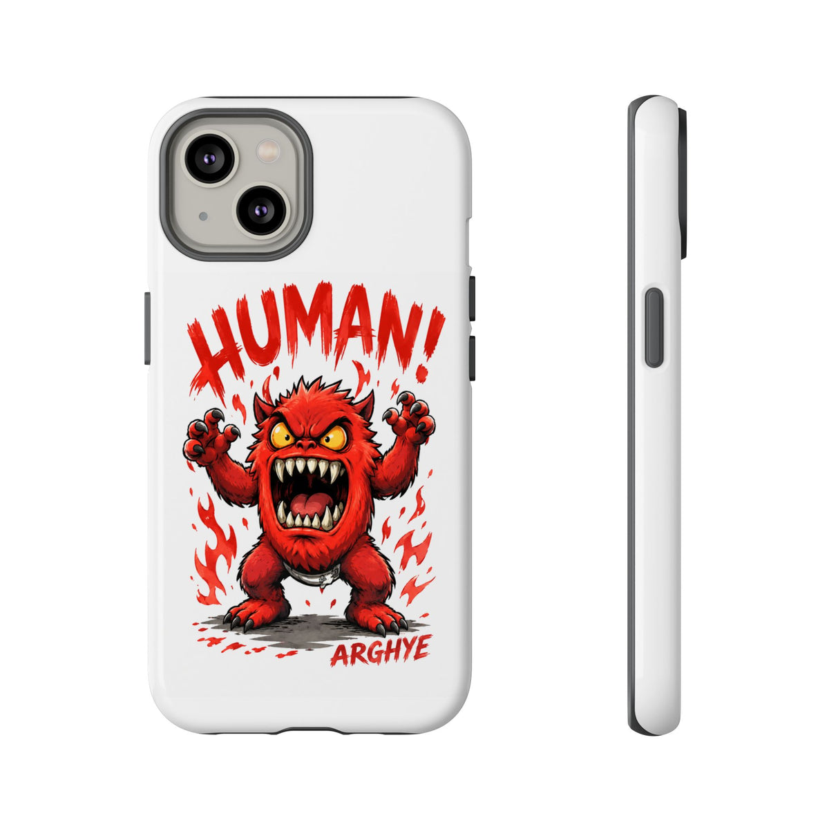 Angry Monster "HUMAN!" Phone Case — Cute Fiery Creature iPhone Cover