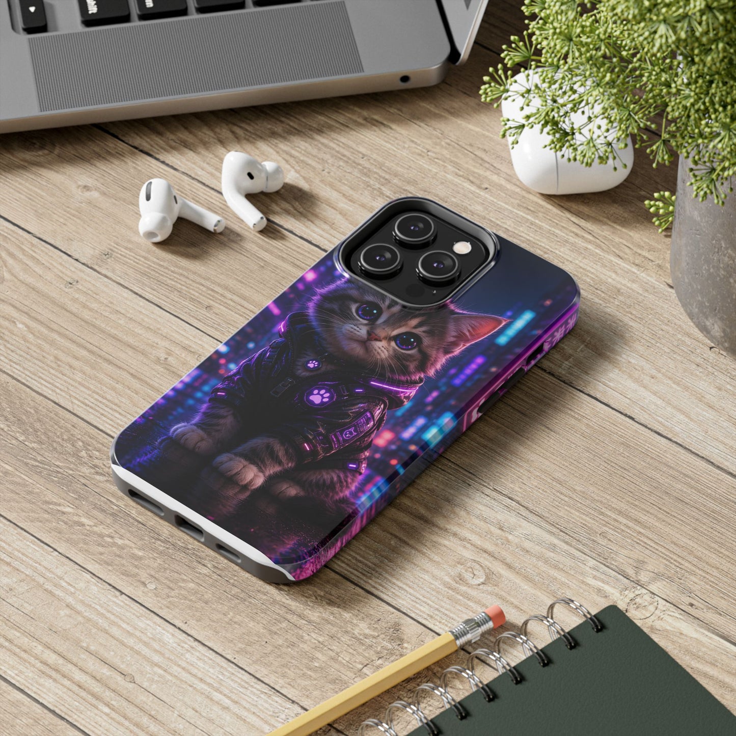 Cyberpunk Kitten Tough Phone Case — Neon Cat Protective Phone Cover