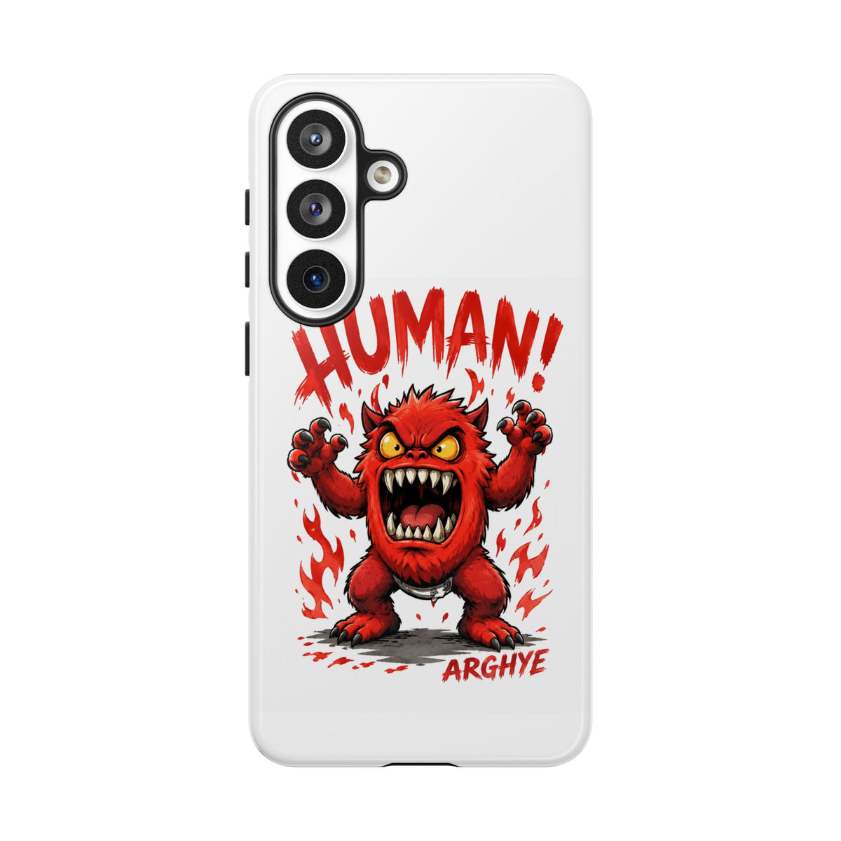 Angry Monster "HUMAN!" Phone Case — Cute Fiery Creature iPhone Cover