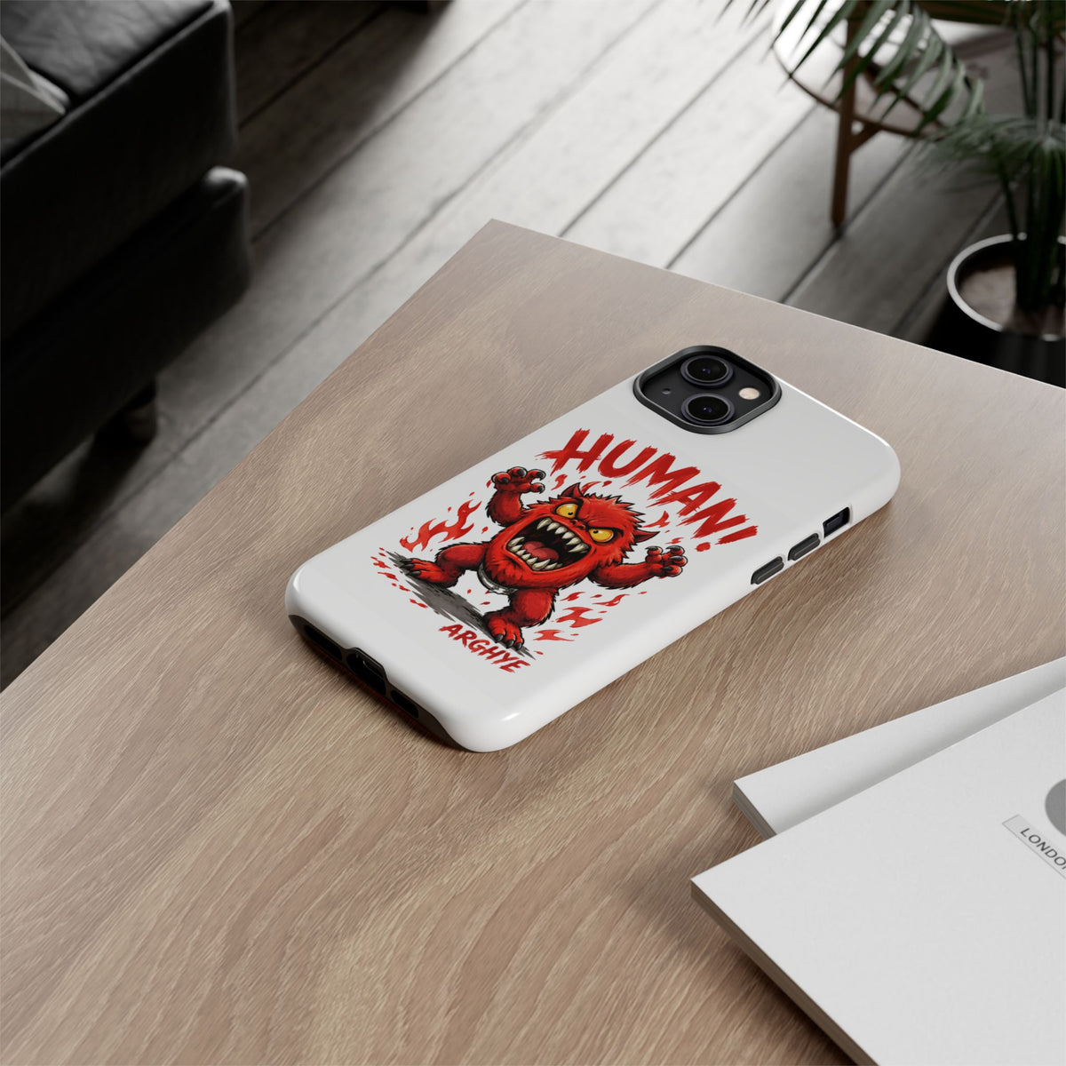 Angry Monster "HUMAN!" Phone Case — Cute Fiery Creature iPhone Cover
