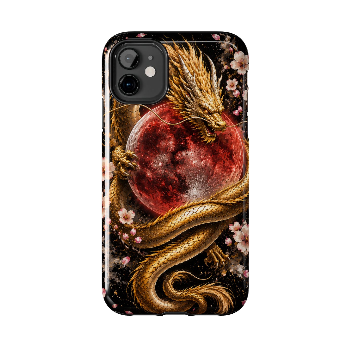 Golden Dragon Moon Tough Phone Case — Cherry Blossoms & Red Moon Protective Cover