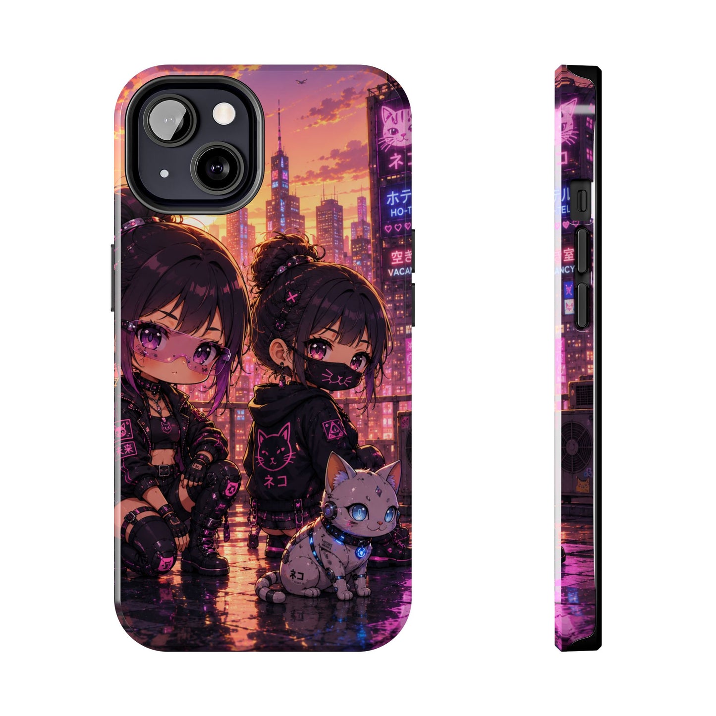 Anime City Night Tough Phone Case — Kawaii Cyberpunk Characters & Cat