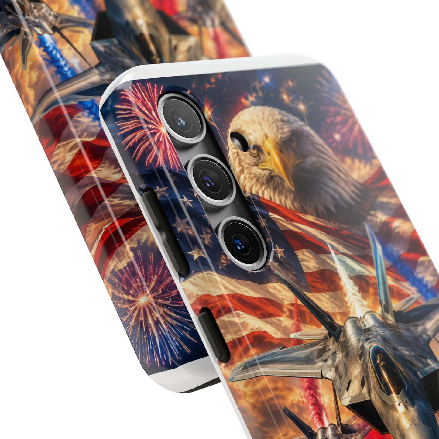 Patriotic Fighter Jet Phone Case with Eagle, American Flag & Fireworks Design