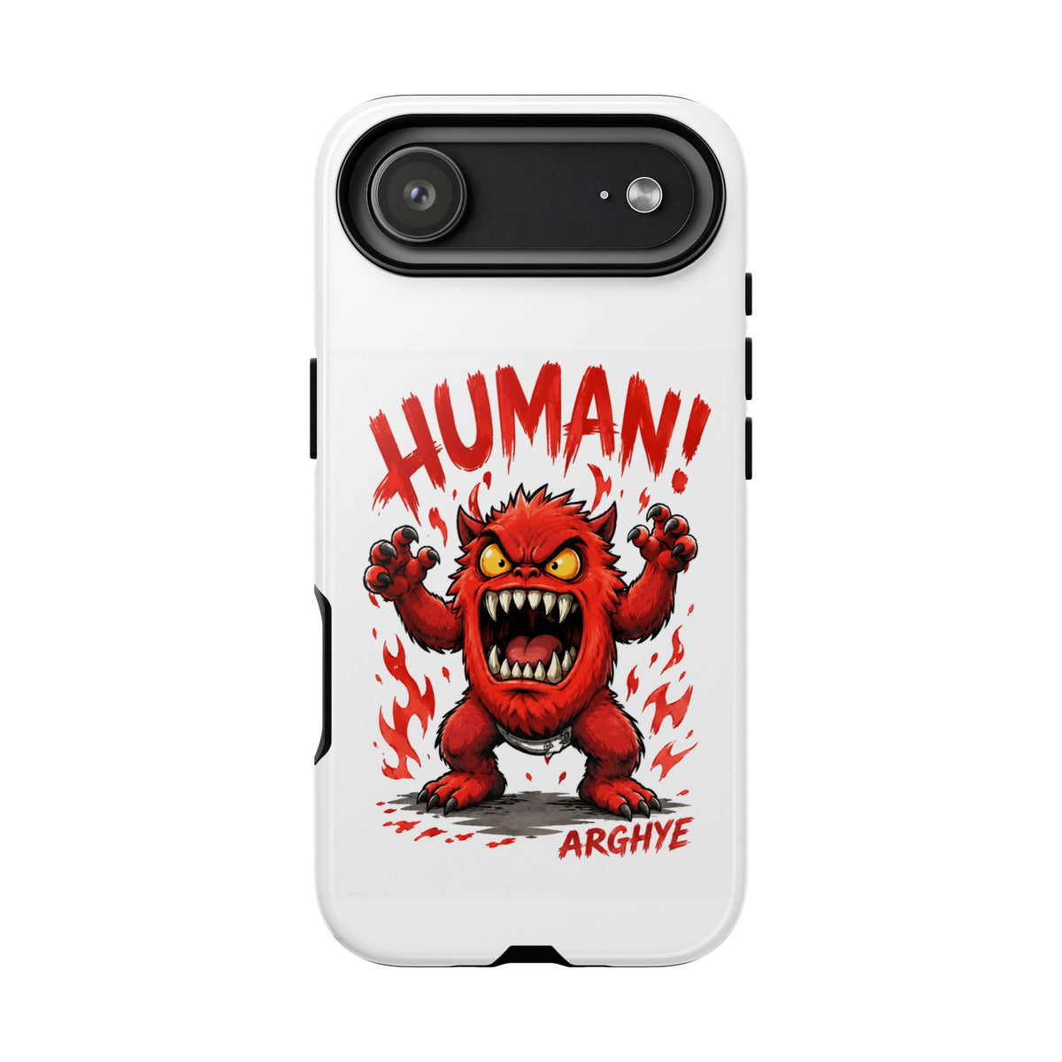 Angry Monster "HUMAN!" Phone Case — Cute Fiery Creature iPhone Cover