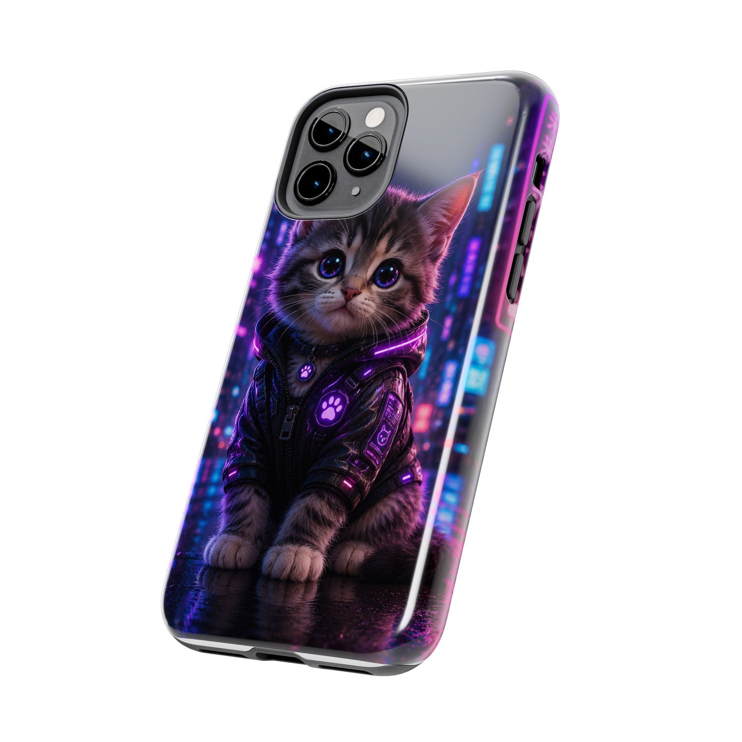 Cyberpunk Kitten Tough Phone Case — Neon Cat Protective Phone Cover