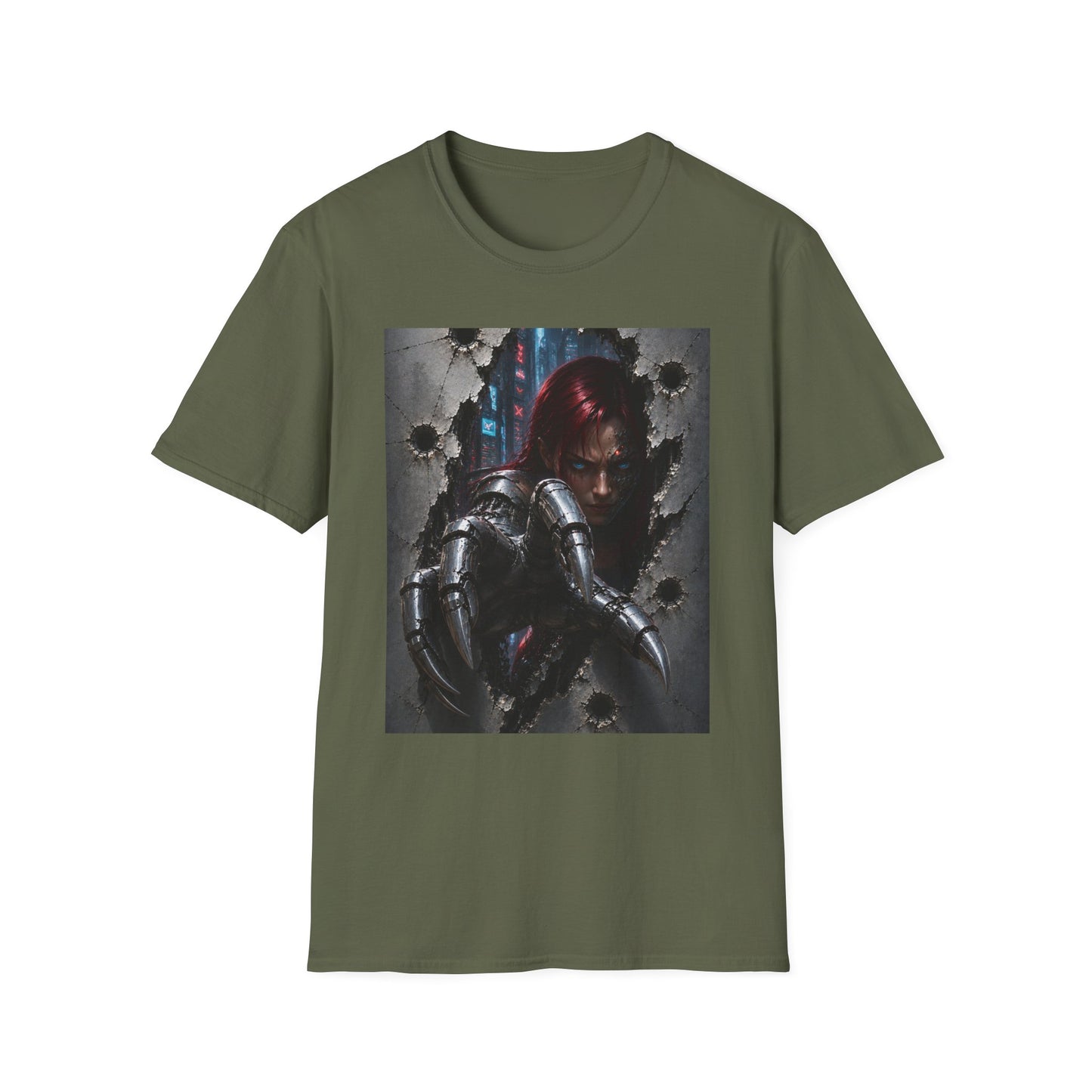Cyberpunk Warrior Graphic T-Shirt — Red-Haired Brawler Design