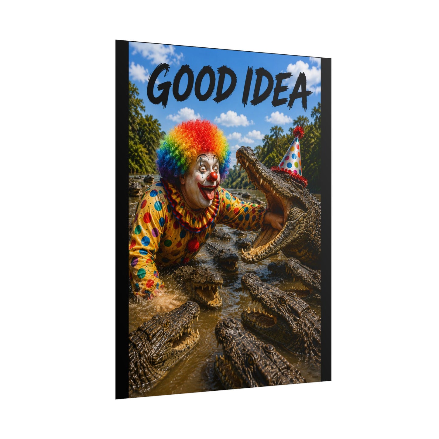 Clown & Crocodile 'Good Idea' Poster - Funny Surreal Wall Art